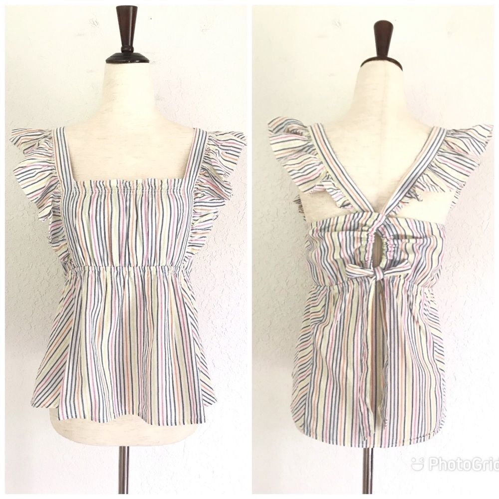 ELLA MOSS Striped Babydoll Top Square Neckline Flutter Sleeve Medium Large New